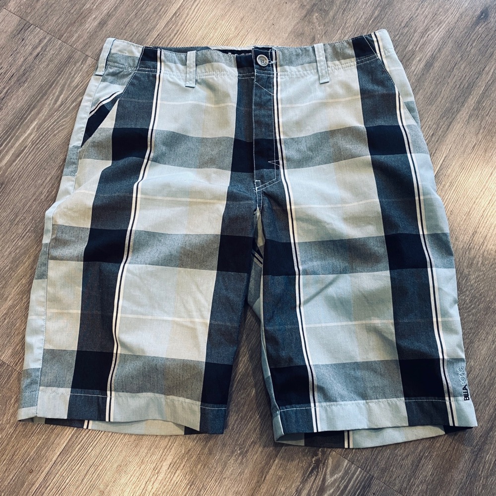 Y2K Billabong Men Plaid Walk Shorts Blue Grey Black Sz 36 Flat Front Surf Skate